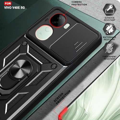Image of AESTMO Tough Armor Vivo V40E 5G / iQOO Z9S 5G Bumper Back Case Cover | Ring Holder & Sliding Camera Shield Cover | 360 Degree Protection Back Case Cover for Vivo V40E 5G / iQOO Z9S 5G (Black)