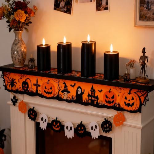 Image of Lezonic Black Flameless Candles with Remote, LED Battery Operated Flickering with Timer, 4 Pack Glossy Wax Drips Design Real Wax Pillar for Halloween Decor, Centerpiece, Birthday Gifts (4 /5 /6 /8 Inch)