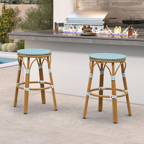 Image of PURPLE LEAF Outdoor French Round Bar Stool Set of 2 Large 30 inch Armless Handwoven Rattan Wicker Barstools with Bamboo Print Aluminum Frame Footrest for Patio Restaurant Bistro Soft Blue
