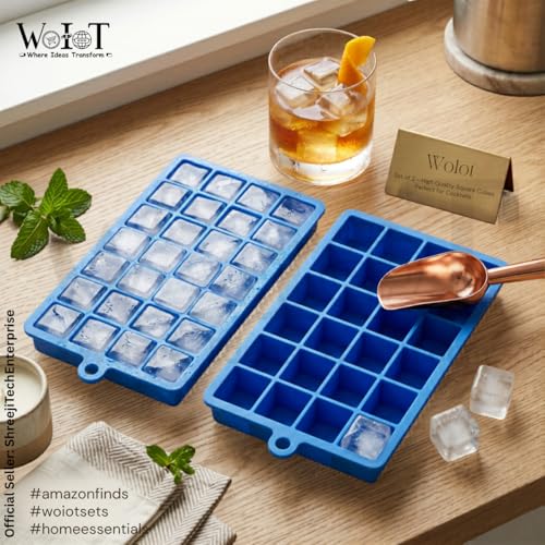 Image of WoIoT Silicone Ice Cube Tray Set (2 Pcs) | 24 Grid Flexible Ice Moulds with Easy Release & Stackable Design | BPA Free Ice Cube Trays for Whiskey, Drinks, Coffee & Freezer Use (Multicolor)