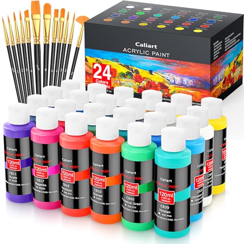 Caliart 24 Colors Acrylic Paint Set Large Bottles 4oz with 12 Brushes