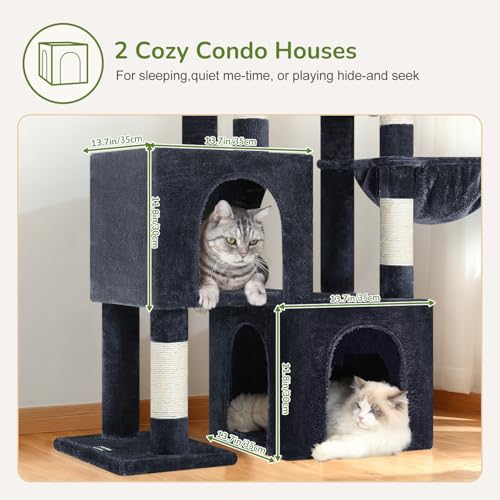 Image of Globlazer 52in Cat Tree Tower for Indoor Cats, 2 Condos, S52, Dark Grey | Multi-Level Plush House, 5 Sisal Scratching Posts, 2 Padded Top Perches, Big Metal Basket, Stable Enlarged Base