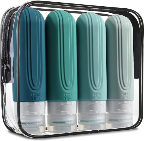 Kit 4 Frascos Potes Silicone Viagem 90ml Aprovado TSA Creme Shampoo Condicionador (Tons de Verde)