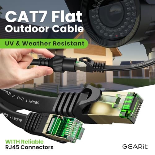 GEARit Cat 7 Outdoor Flat Ethernet Cable (100ft, Black) Direct Burial Rated LLDPE Jacket - Indoor Cat7 Shielded FTP 600MHz 10Gbps High Speed Gaming Computer Network RJ45 Snagless Patch Cord Internet