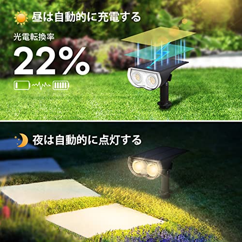 Linkind 2023昇級版ソーラーライト 屋外 光感センサー ソーラースポットライト 22LEDs 自動点灯 超明るい 防犯防災 2WAY装置方法（地面挿入式、壁掛け式） IP65防水 庭園灯 駐車場 (2個セット, 暖色系) [2]