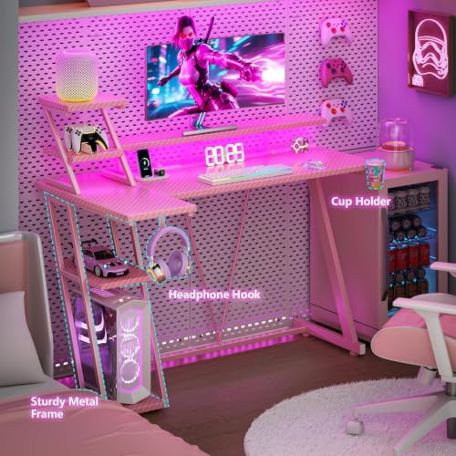 Image of Korfile 40 Inch Pink Gaming Desk with LED Lights & Power Outlet, Small Gaming Computer Desk with Storage Shelves, L Shaped Gamer Workstations with Monitor Stand for Bedroom