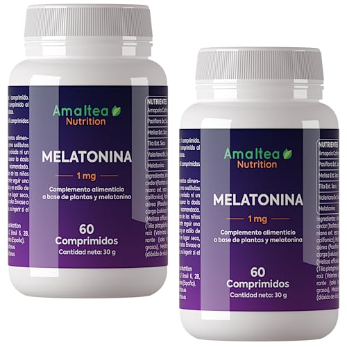 PACK de 2 - Melatonina 1mg con Pasiflora, Amapola Californiana, Melisa, Tila y Valeriana - 120 Comprimidos: 4 Meses de Suministro - Melatonina para Dormir Mejor y Descansar Más - Amaltea Nutrition