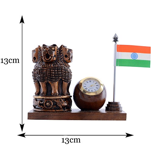 Image of Craft Trade 13x13 Cm Wooden Pen Stand with Clock National Flag Pencil Holder - Dark Brown