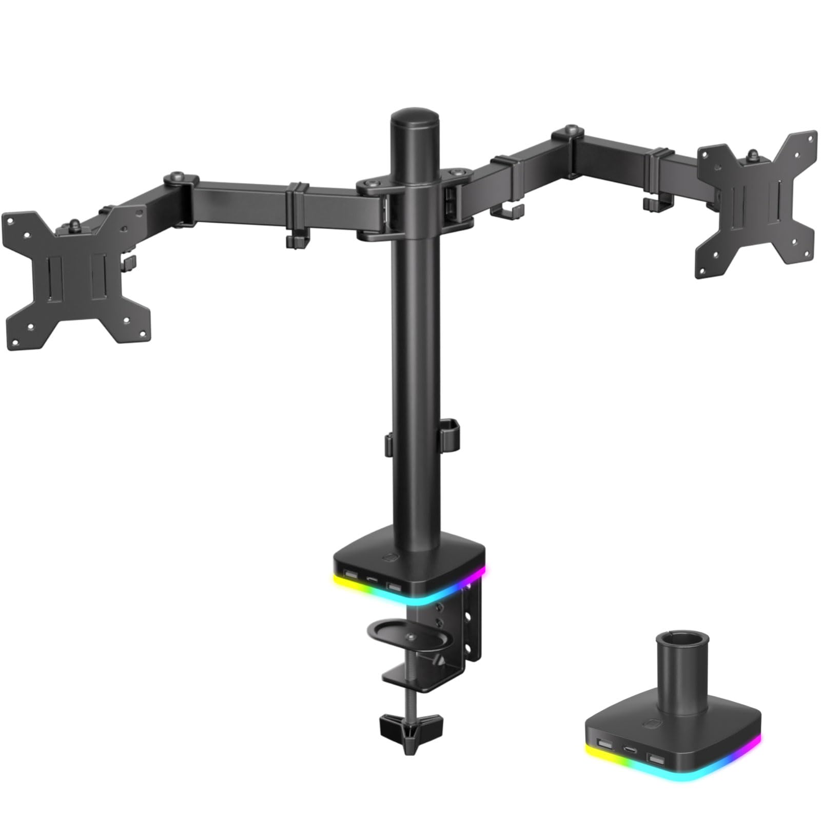 Afaloona Soporte de escritorio RGB para monitor doble, soporte para monitor con 3 puertos USB, función de carga y transferencia de datos USB, brazos ajustables para monitores de 13 a 27 pulgadas de