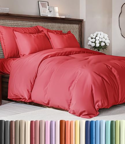 Duvet Cover Queen Size Set - Extra Soft Queen Duvet Cover 90" x 90" with 2 Pillow Shams - Hotel Luxury, Easy Care and Fade Free w/ Zipper Closures & Ties - All Season, Comfy, Cozy & Breathable (Red)