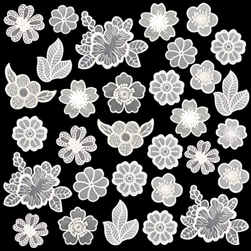 30 PCS Lace Flowers Applique Embroidery Flowers Leaf Sew Iron On Patch, Organza Patches Flowers Applique for Wedding Bridal Dress Sewing Craft DIY Clothes Hair Ornaments (White)