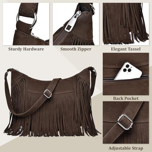Image of Fringe Hobo Bags for Women Vintage Suede Crossbody Bag Hippie Western Cowgirl Purses Tassel Shoulder Bag