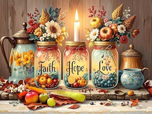 Diamond Painting DIY 5D Frascos Faith Hope Love con Velas y Flores, Pintura de diamante de círculo completo para adultos y principiantes, Decoración de Pared Hogar y Regalos Inspiradores 30x40cm