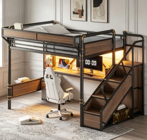 Image of Bellemave Queen loft Bed with Storage Stairs, Wardrobe, Shelves, Metal Queen Loft Bed Frame for Adults, Kids, Teens, Black+Natural Wood with Black Stairs