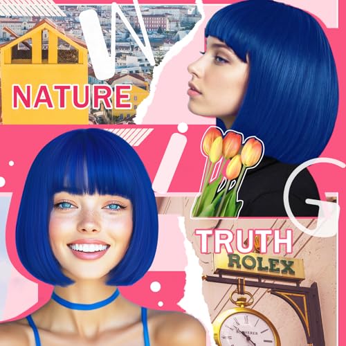 Image of LIULIUBTY Short Bob Hair Wigs Straight with Flat Bangs Synthetic Colorful Cosplay Daily Party Neon Wig for Women with Wig Cap 12 inch Natural As Real (Bob, Sapphire Blue)