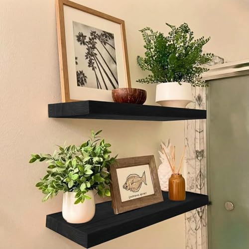Image of IAE Floating Wall Shelves 16 inch,Bathroom Shelving Wall Mounted,Invisible Shelf Floating Kitchen Shelves,Wooden wall Shelf with Brackets for Living Room wall Mounted,Easy Install,Set of 2,Black