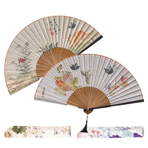 wocpvm 2 Abanico Plegable de Bambú Patrón de Mariposa y Gato Abanicos de Algodón y Bambú Pequeño Plegable Abanico Verano Chino Estilo para Baile, Fiesta, Decoración de Cosplay