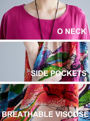 Image of Women's Oversized Dress Plus Size Summer Dress Artsy Print Pathwork | Loose, Oversized Cut Baggy Dresses. O Neck with Pockets. Breathable Viscose Fabric for Summer. Colorful Print Patchwork