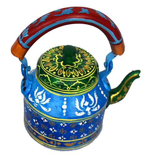 Image of iHandikart Handpainted Designer Aluminium Tea Kettle, 1 Litre - Vibrant Indian Art Tableware, Decorative & Functional 8x5.5x8 Inch (5104)