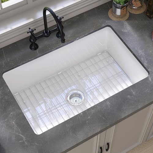 GETPRO White Undermount Kitchen Sink 32 inch Fireclay Farm Sink Drop in 32X19 Dual Mount Farmhouse Single Bowl Topmount Deep Basin with Accessory Easy to Clean for Bar Kitchen Laundry