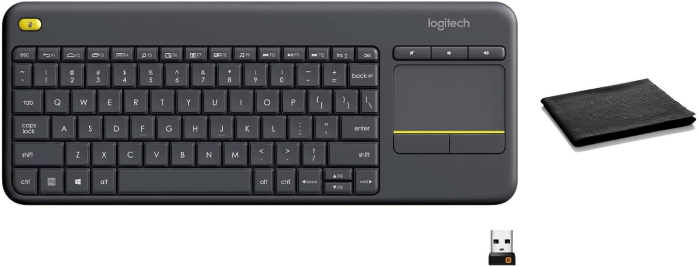 Logitech K400 Plus Wireless Touch TV Keyboard with Built-in Touchpad, Quiet Keys, 18-Month Battery Life, Works with Windows, Android, Chrome OS – Dark Gray, Includes Cleaning Cloth, Bulk Packaging