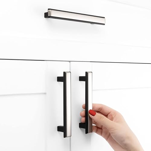 Miniatura 5 de Manijas de gabinete de cocina de níquel y negro, níquel cepillado y negro mate, paquete de 5 manijas de gabinete de cocina de 3-34 pulgadas,