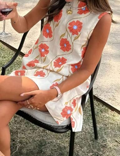 Image of Womens Summer Floral Print Mini Dress Romantic Sleeveless Shift Short Dress Vacation Fairy Dresses