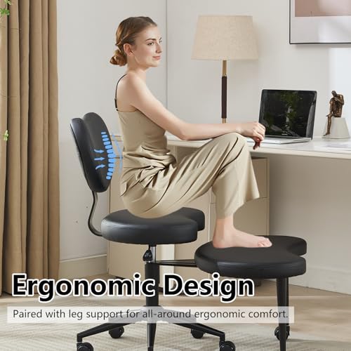 Image of Cross Legged Office Chair with Wheels, 360Swivel Meditation Chair, Adjustable Height Office Chair for ADHD and Yoga, Ergonomic Kneeling Chair with Back Support,PU Leather, Black