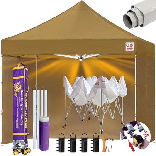 Image of Tradesparker 10x10 Pop Up Tent with Sidewalls,Commercial Movable Canopy ApexCore LED & Rugged Casters-Instant Easy Setup Shelter Canopies,Weight Bags&Stakes for Outdoor Events(Khaki)