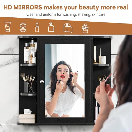 Meilocar Bathroom Medicine Cabinet with Mirror, Bathroom Mirror Cabinet with 6 Open Shelves, Modern Bathroom Wall Cabinet with Mirror Medicine Cabinet for Bathroom, Black - Thumbnail 4