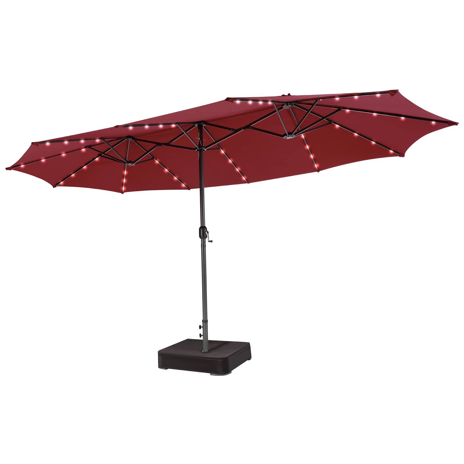 COSTWAY Sombrilla Terraza Exterior Doble 470 x 280cm, Sombrillas Jardin Grandes con 48 Luces LED y Base, Panel Solar de Carga automática, Sistema de Manivela, Parasol Terraza Exterior Playa