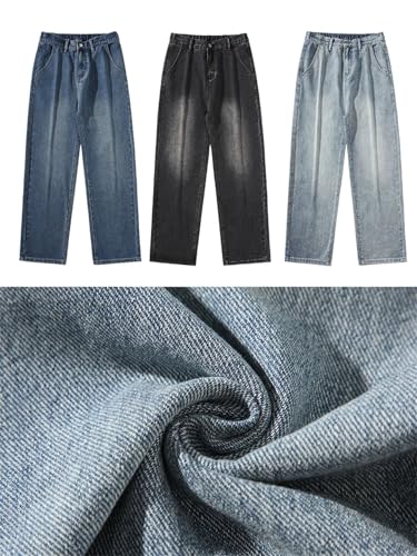 Men’S Straight Leg Korean Style Denim Jeans with Zipper Fly Mid Waist Loose Fit Casual Pants3