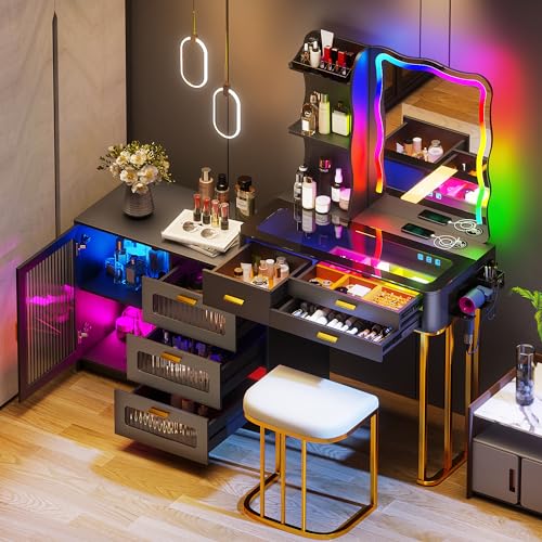 Lvifur RGB Vanity Desk - with Mirror and Lights,7 Dynamic & 24 Static Dimmable Vanity Table Set with Charging Station,Human Sensor LED Vanities w/Glass Top,6 Drawers,Stool,Grey