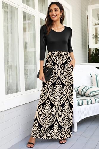 Image of WNEEDU Women's 3 /4 Sleeve Casual Loose Long Maxi Dresses with Pocket
