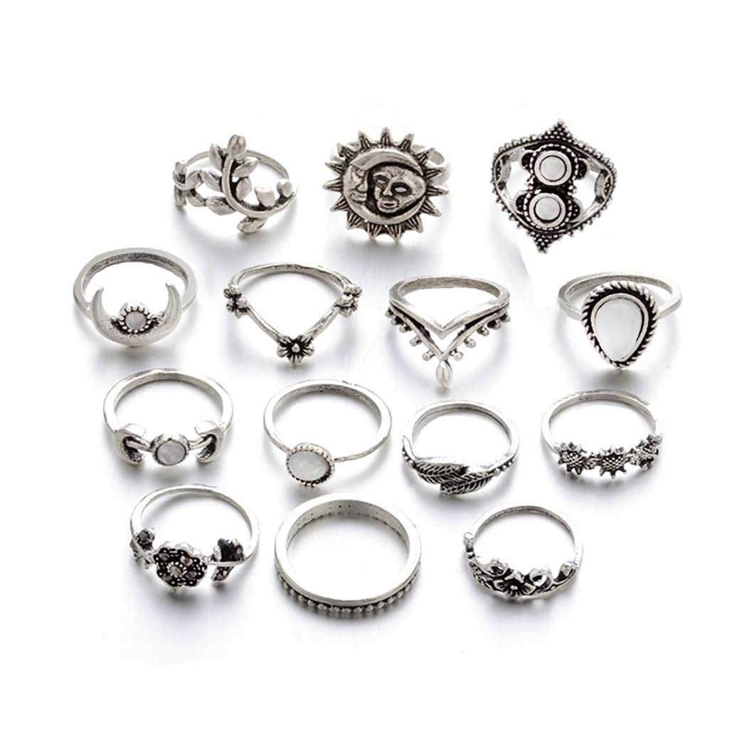 Conifor Boho Rhinestone Joint Knuckle Ring Crystal Moon Mid Finger Rings Set Jewelry for Women and Teen Girls
