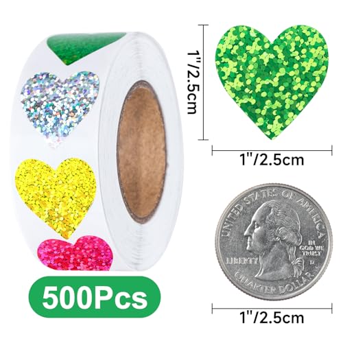 image for Anwyll Heart Stickers - 500Pcs 1Inch Valentines Day Heart Stickers Gli