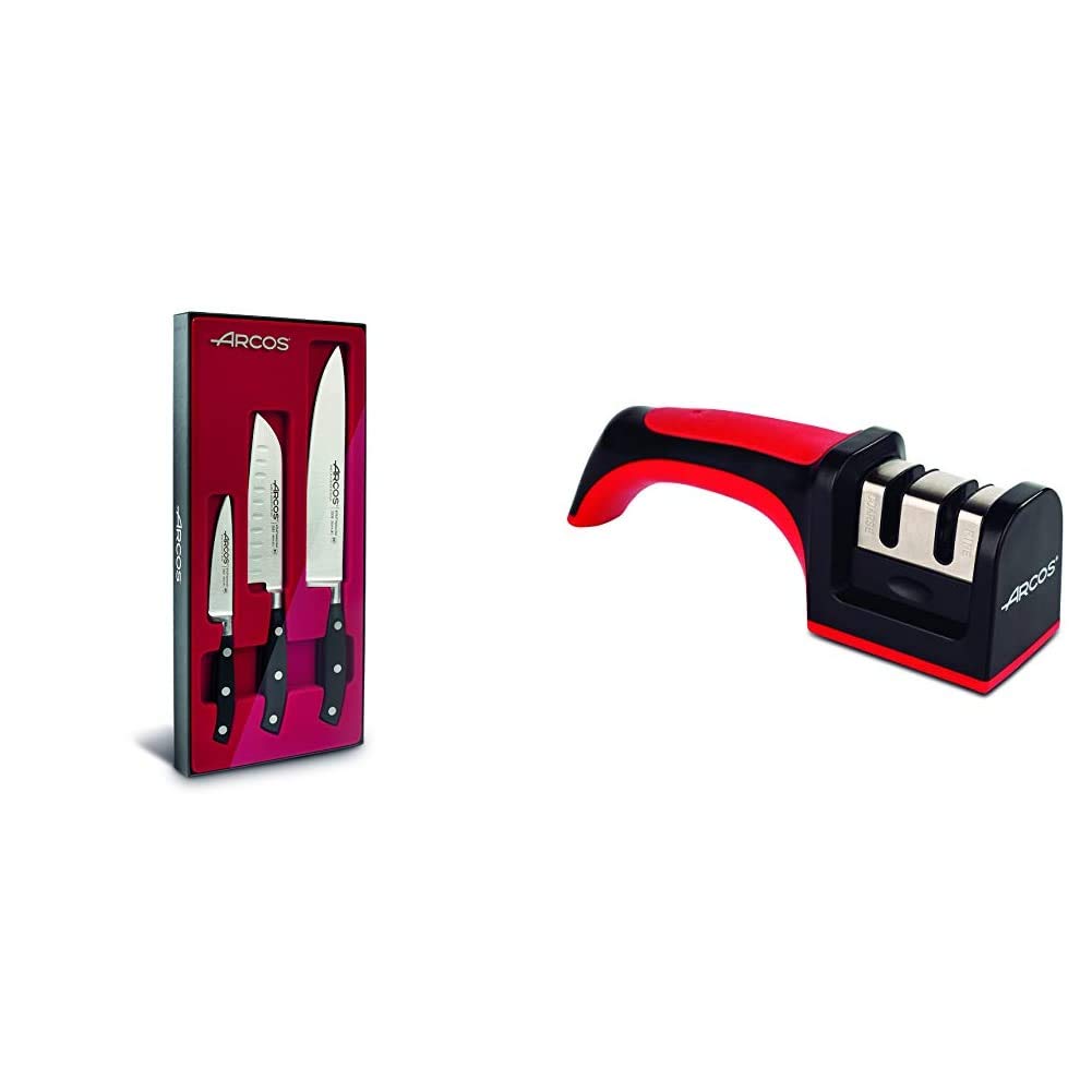 Arcos Riviera Juego de Cuchillos, Acero Inoxidable, Negro, 45x20x5 cm, 3 Unidades + 610600 - Afilador con mango