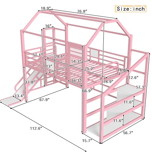 Image of YOPTO Full House Loft Bed with Slide and Stairs,Metal House-Shaped Roof Playhouse Bed w /Storage Shelves,Noise-Free,for Student Dorms,Studio,Pink