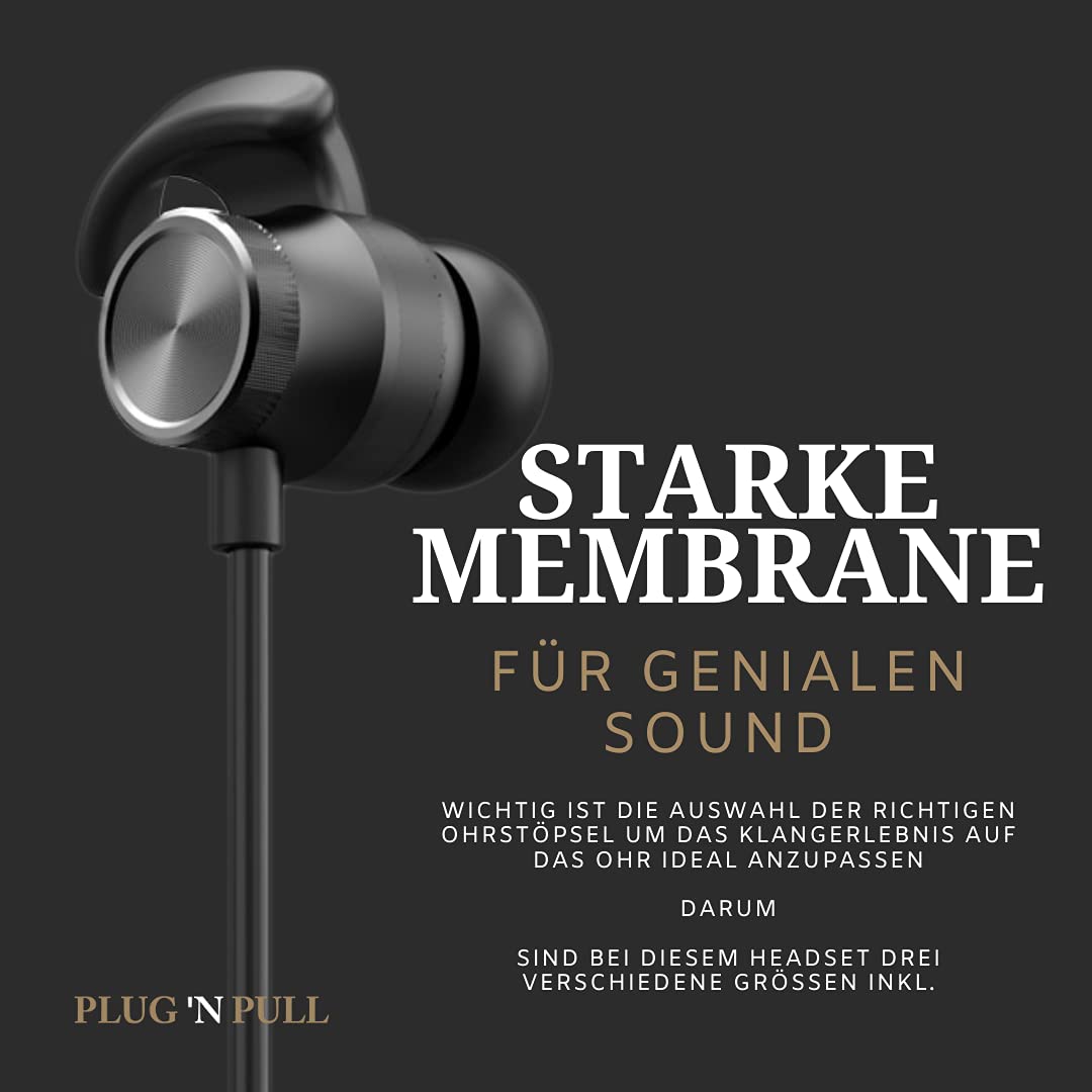 PLUG 'N PULL Écouteurs intra auriculaires sans fil Bluetooth 5.0 avec micro, 15 heures d'autonomie, microphone avec réduction de bruit, idéal sport, résistant à la transpiration, fixation magnétique