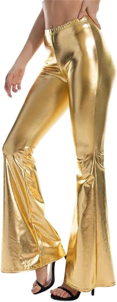 Women Elegant Pu Leather Flare Pants Elastic Waist Casual Loose Dance Performance Trousers