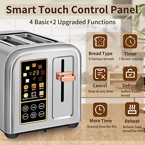 Seedeem 2 Slice Toaster, Stainless Steel Bread Toaster With Touch Lcd Display, 1.4'' Extra Wide Slots Toaster With 4 Basic+More Timer Functions, Removable Crumb Tray, 1350W, Silver Metallic #TOP3