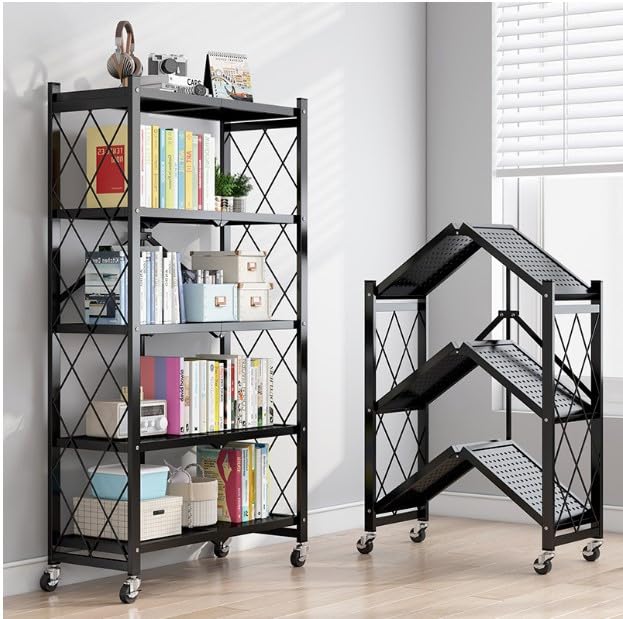 Upmarkt Mild Steel Foldable Movable Storage Rack/Organiser, Book Shelf For Living Room, Office, Library (Black, 5 Layer)