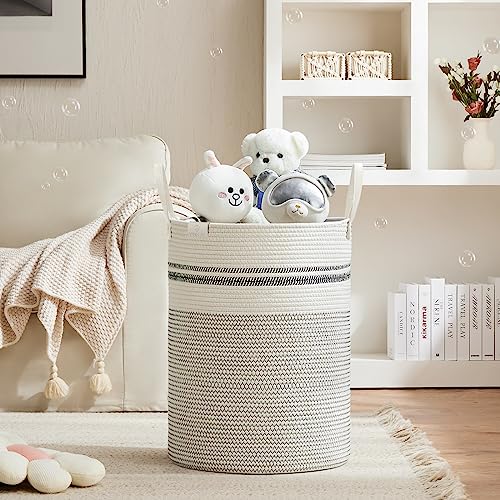 Image of VIPOSCO 100L Tall Woven Rope Laundry Hamper, Leather Handles, Stripe White | Large Wicker Laundry Basket for Dirty Clothes, Blanket, Toy, Towel, Yoga Mat, Storage Bin in Bedroom, Bathroom, Living Room
