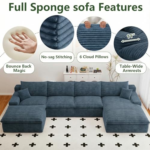 Image of 136 inch Cloud Couch Modular Sectional Sofa for Living Room, U-Shape Boneless Couch with Deep Seat, Modern Corduroy 4-Seater with Ottoman, No Assembly Required (Blue,Right-Facing Chaise)
