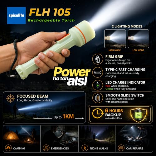 Image of 5W High Power LED Rechargeable Torch Light | 1KM Long Range Beam | 1200mAh Battery Up to 6 Hours Backup | 2 Light Modes | 500 Lumens | Radium Glow Body | IP 20 Rated | Type C | Outdoor Camping Travel