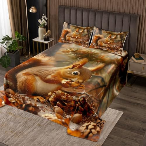 Cute Squirrel Kids Bedspread King Size,Pine Cone Pine Tree Maple Leaves Autumn Coverlet Set,Boys Girls Room Decor,Wild Jungle Animal Rustic Quilted Coverlet,Brown Bedding Quilt,2 Pillowcases