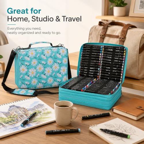 Image of 168-Slot Marker Organizer Bag, 3-Layer Case with Strap | 168-slot 3-layer marker bag in twill Oxford fabric with handle, detachable strap, smooth zipper for studio and outdoor use.