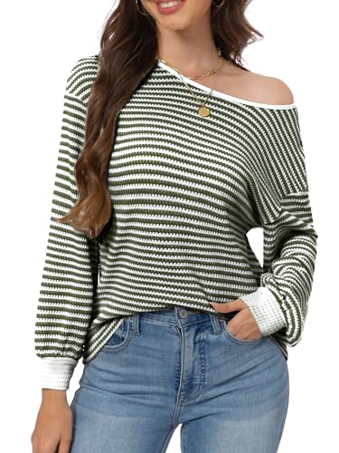 Gleeneat Womens Off The Shoulder Sweater Top 2025 Fall Outfits Lightweight Oversized Baggy Striped Knit Puff Long Sleeve Thin Light Pullover Sweaters Trendy Green
