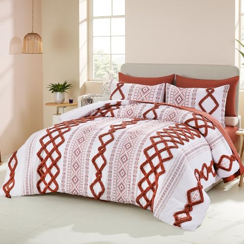 Image of MOVE OVER 7 Pieces Burnt Orange Tufted Bed in a Bag King Size Boho Chic Farmhouse Bedding Set Soft Microfiber Ethnic Aztec Comforter Sets for Bedroom Mid-Century Bohemian Bedding Comforter Set