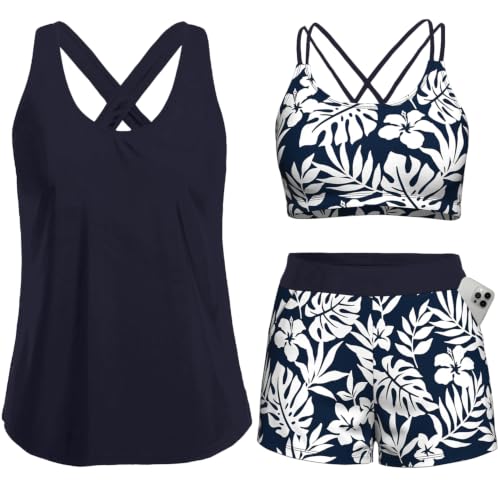 Image of Women's 3 Piece Tankini Swimsuit Tummy Control Bathing Suit with Boy Shorts